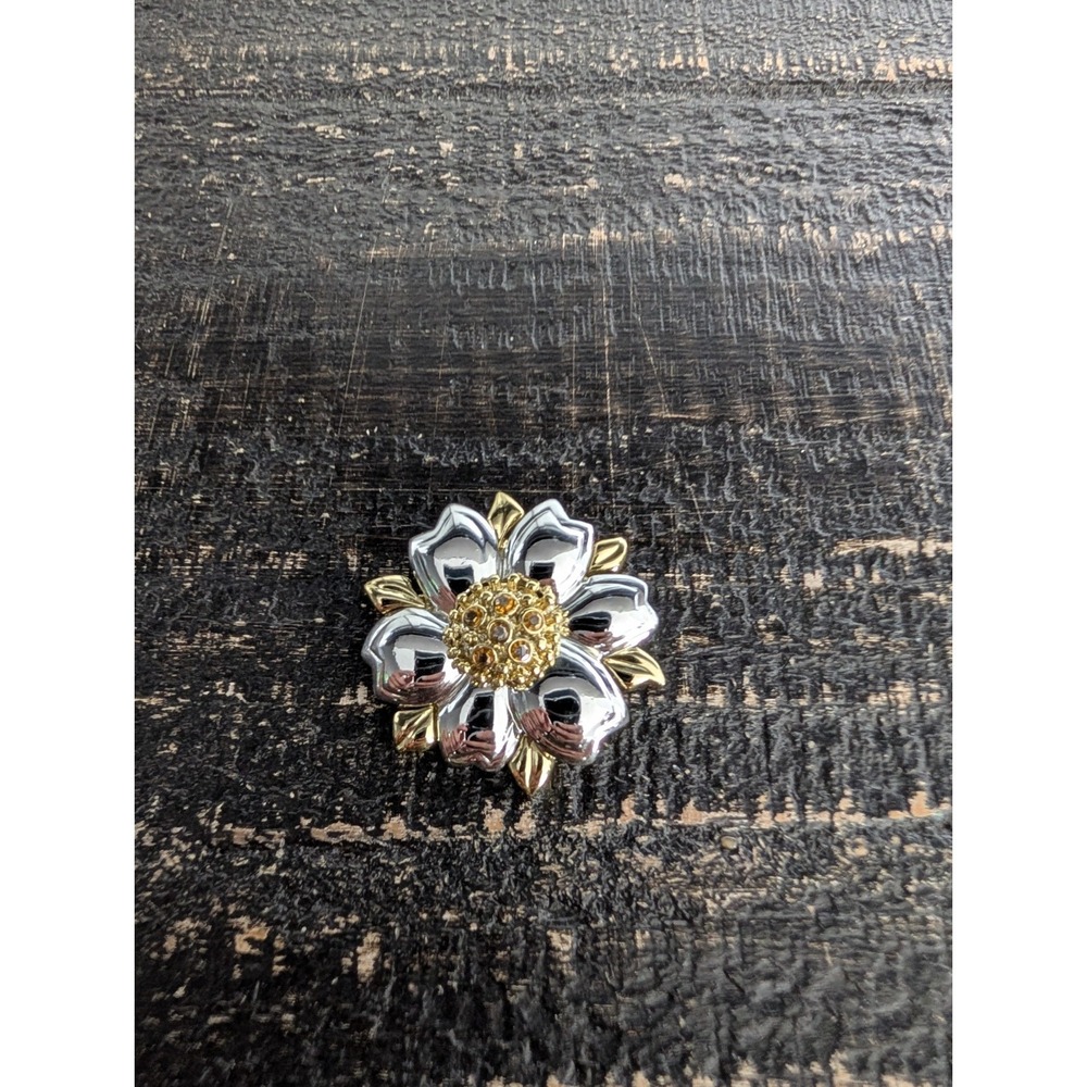 Lovely Vintage Rhinestone Flower Silver Gold tone Brooch Pin Danecraft